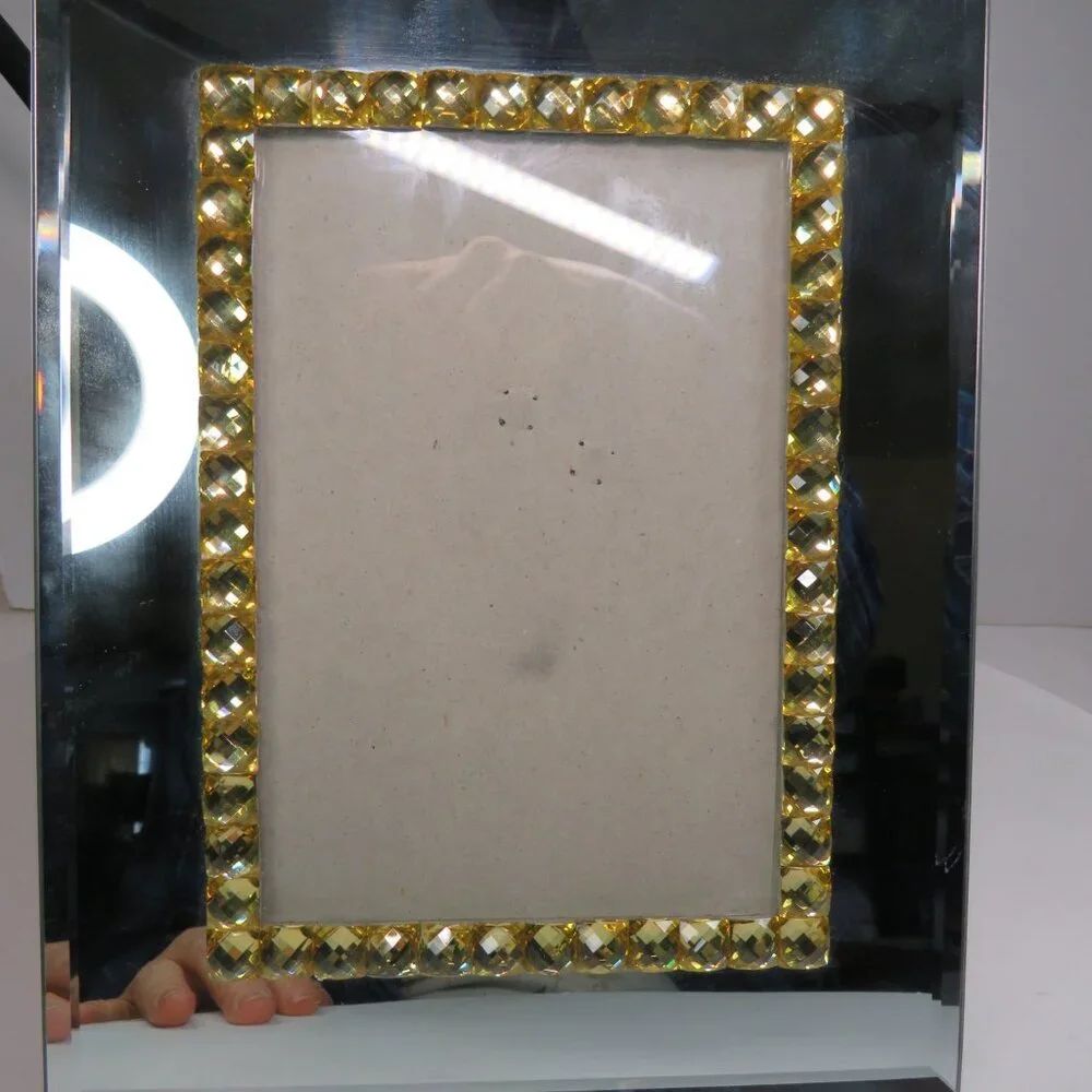Beveled Mirror Glass Picture Frame with Yellow Rhinestone border High Quality